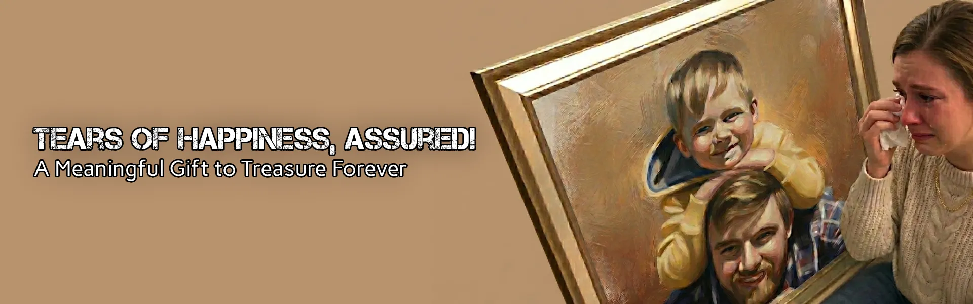 Woman holding a framed custom oil painting of a father and child beside the original photo, highlighting emotional, meaningful portrait gifts.